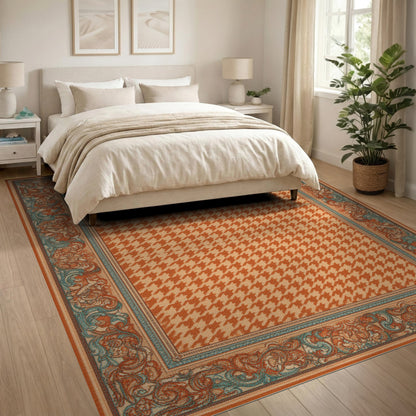 Orange Houndstooth Bordered Area Rug