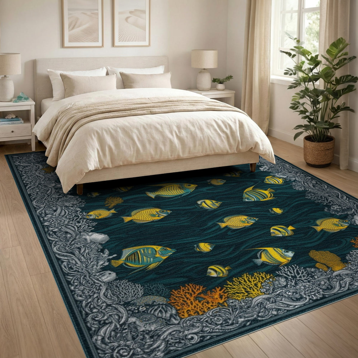 Blue Teal Yellow Fish Coastal Area Rug