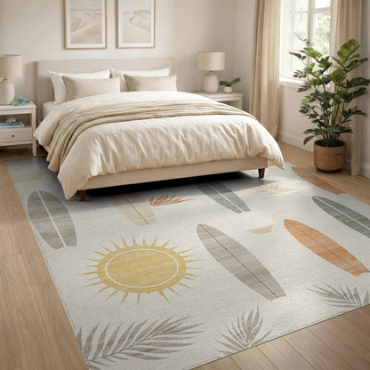 Coastal Surfboard Beige Washable Area Rug