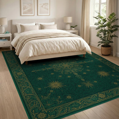 Green Persian Rug with Gold Starburst Motifs