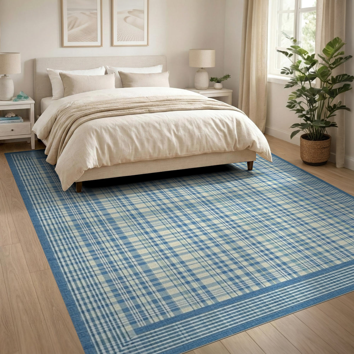 Blue Plaid Bordered Area Rug