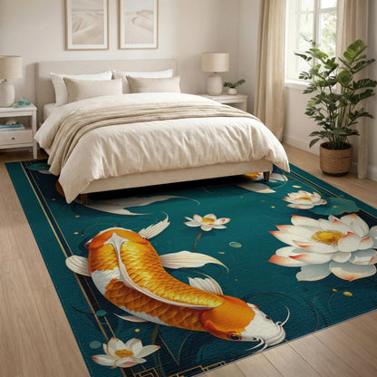 Floral Vintage Teal Koi Lotus Washable Area Rug