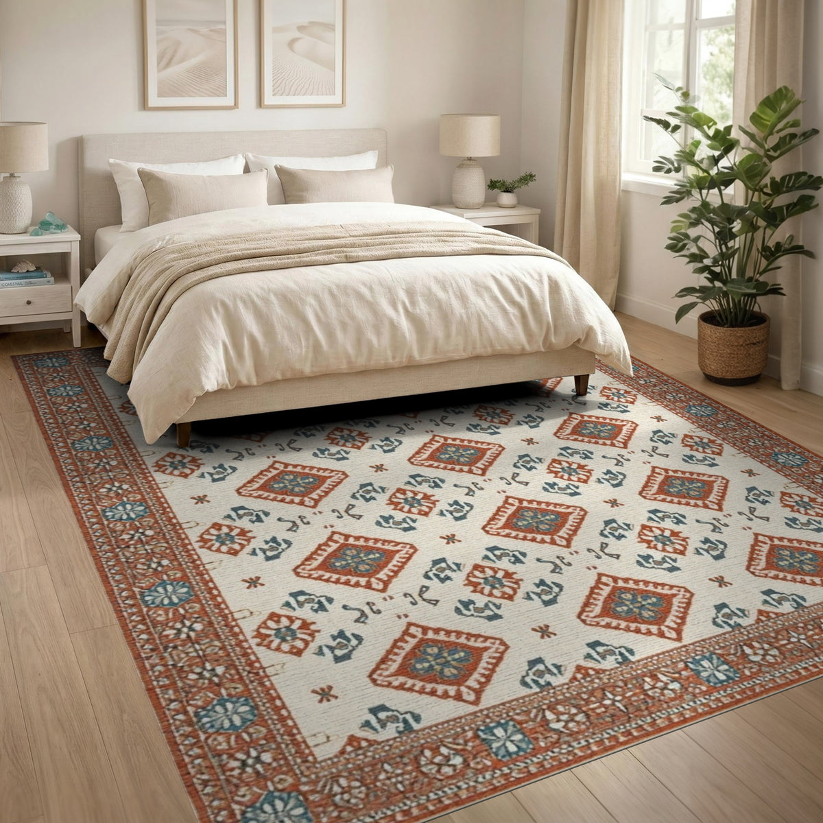 Beige Southwestern Area Rug with Red Teal Diamonds