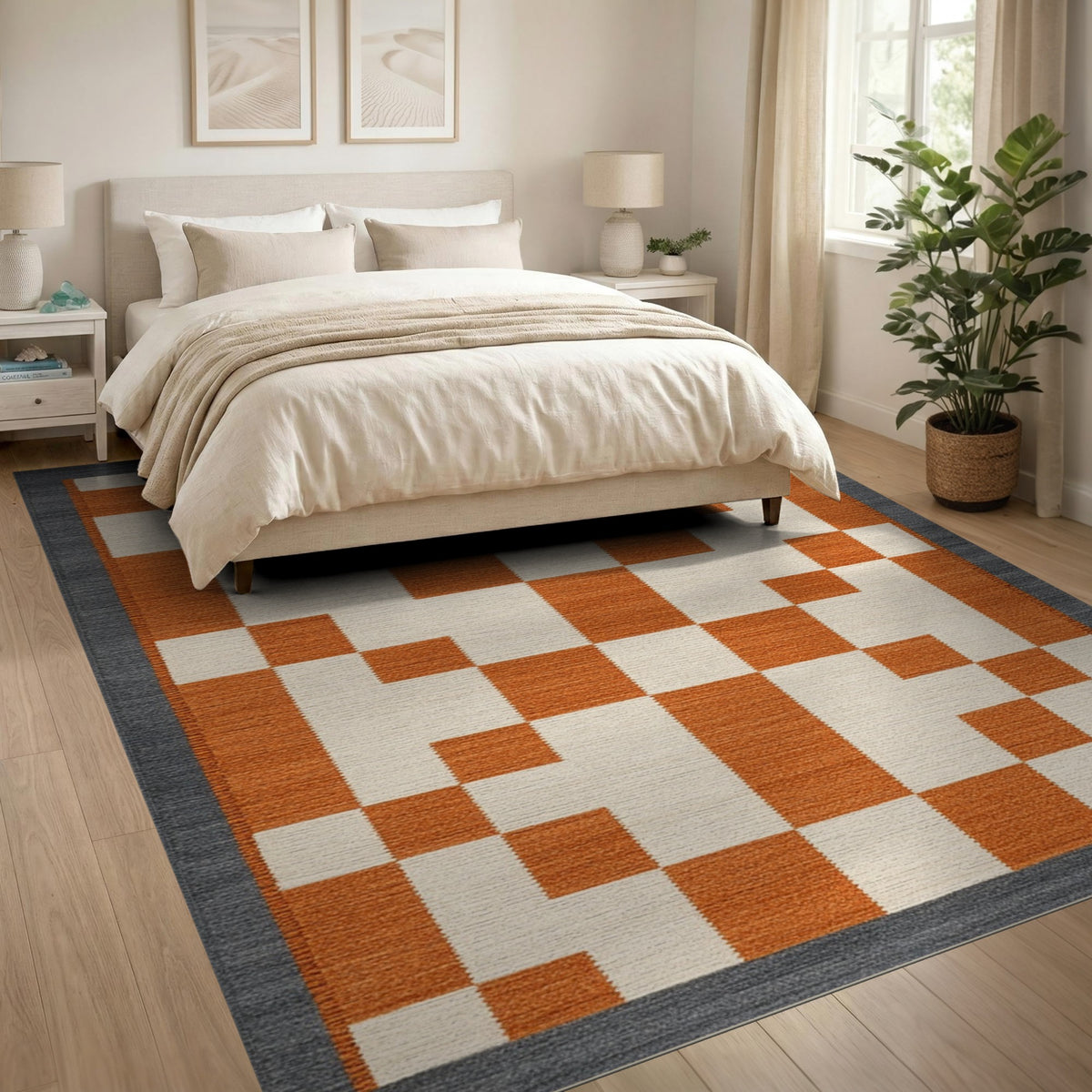Geometric Modern Orange Geometric Checkered Area Rug