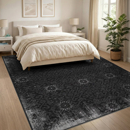 Black White Distressed Vintage Floral Area Rug