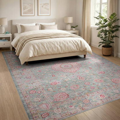 Floral Vintage Teal Pink Rose Floral Vintage Area Rug