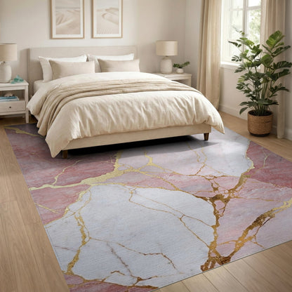 Abstract Area Pink Marble Gold Vein Area Rug