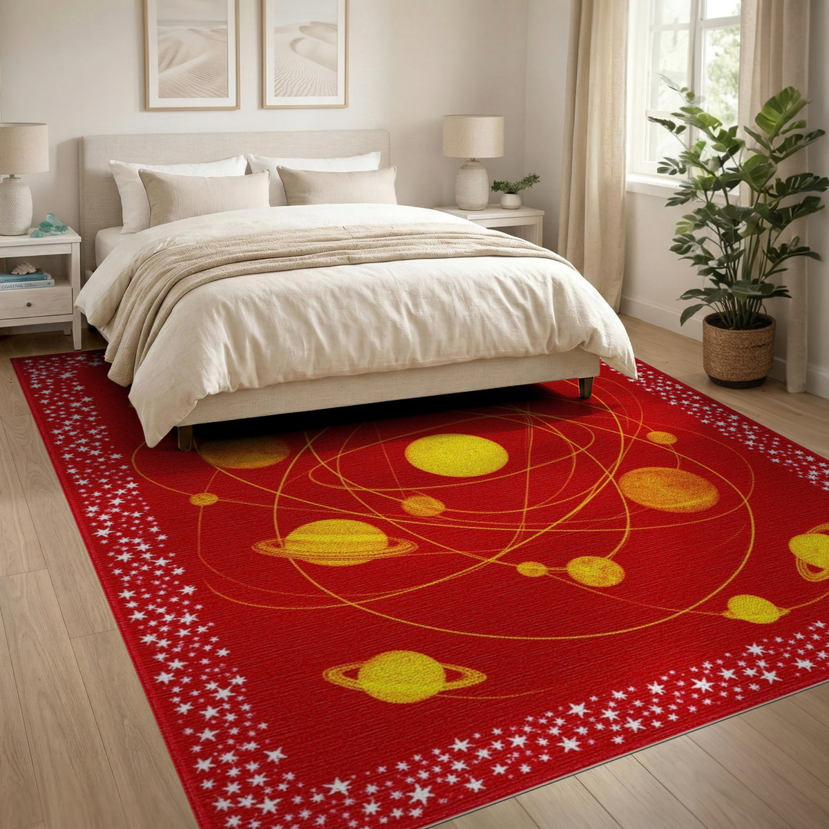 Red Solar System Area Rug with Yellow Planets