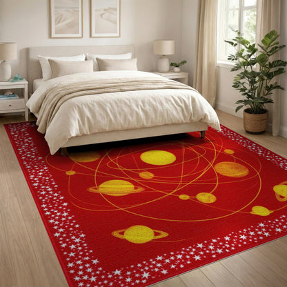 Red Solar System Area Rug with Yellow Planets