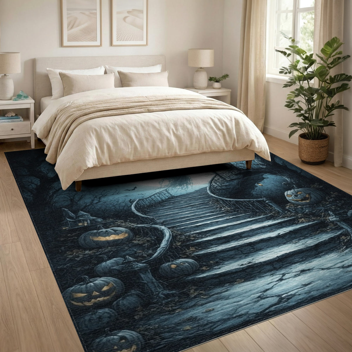 Ghostly Moonlit Staircase Halloween Rug