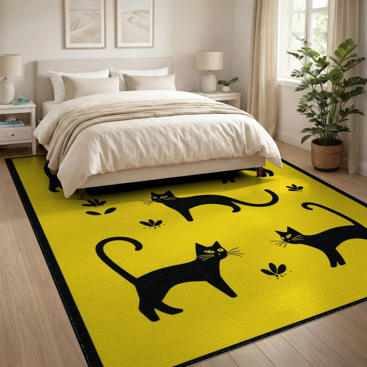 Black Cats and Butterflies Yellow Kids Rug