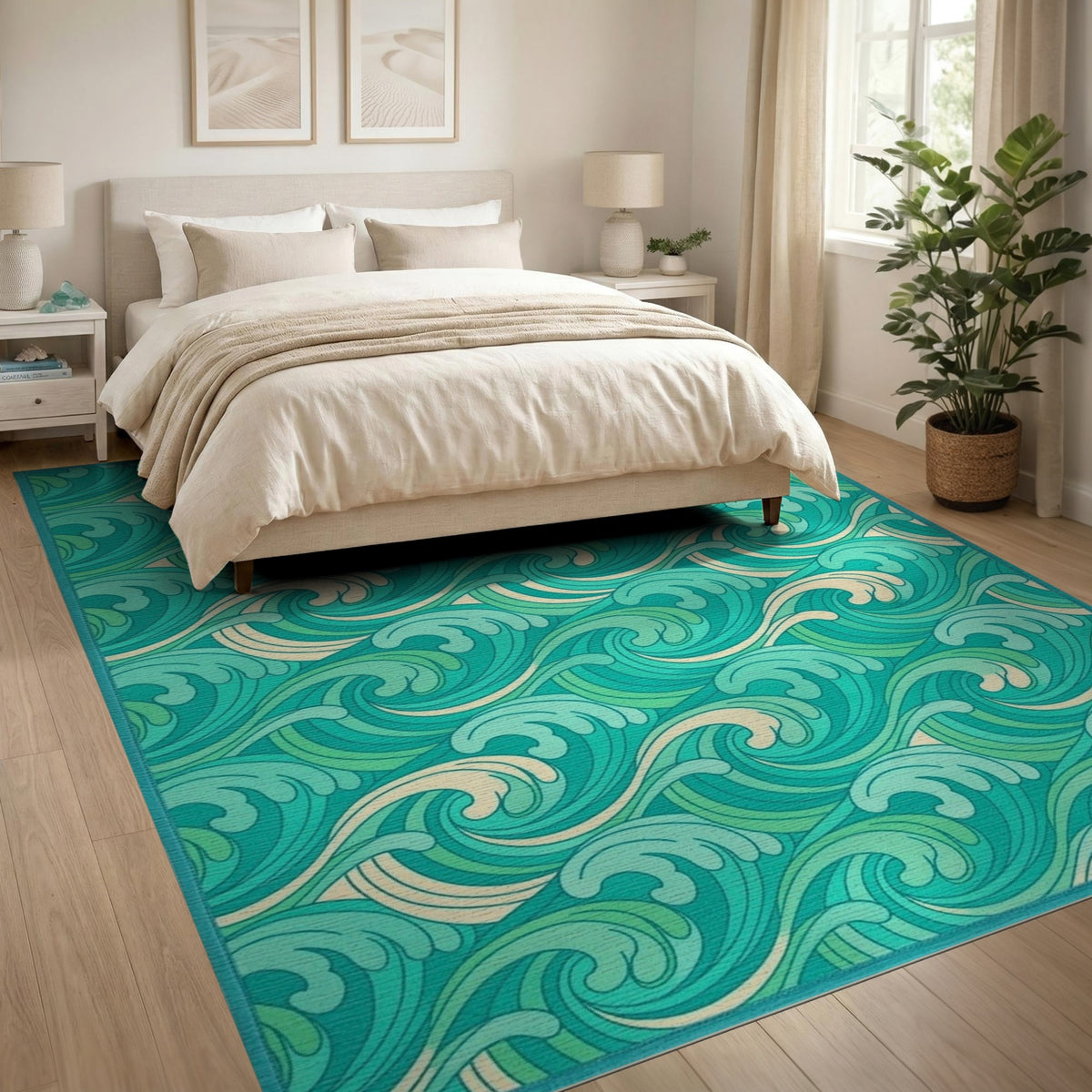 Teal Wave Swirl Washable Area Rug