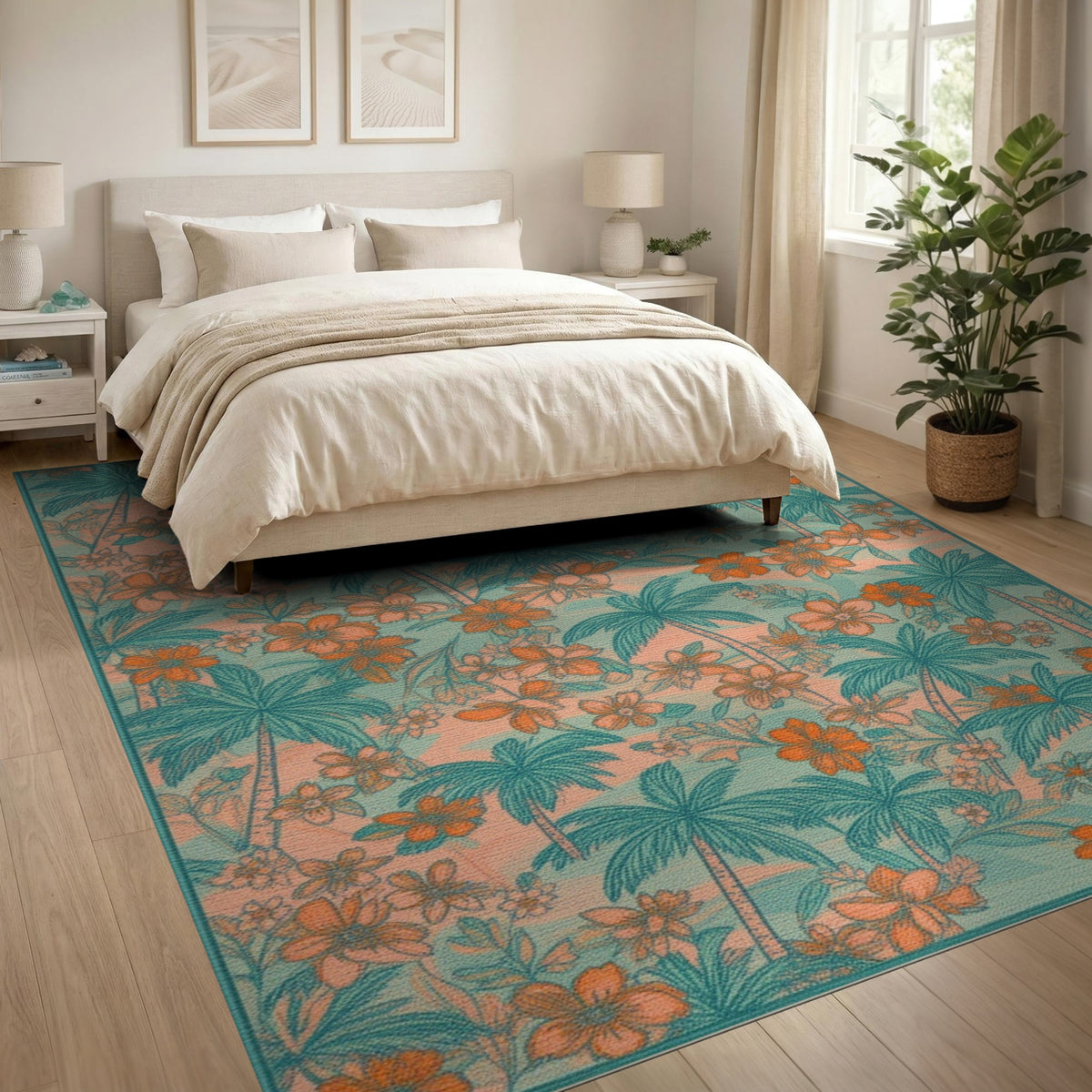 Coastal Palm Tree Teal Area Rug