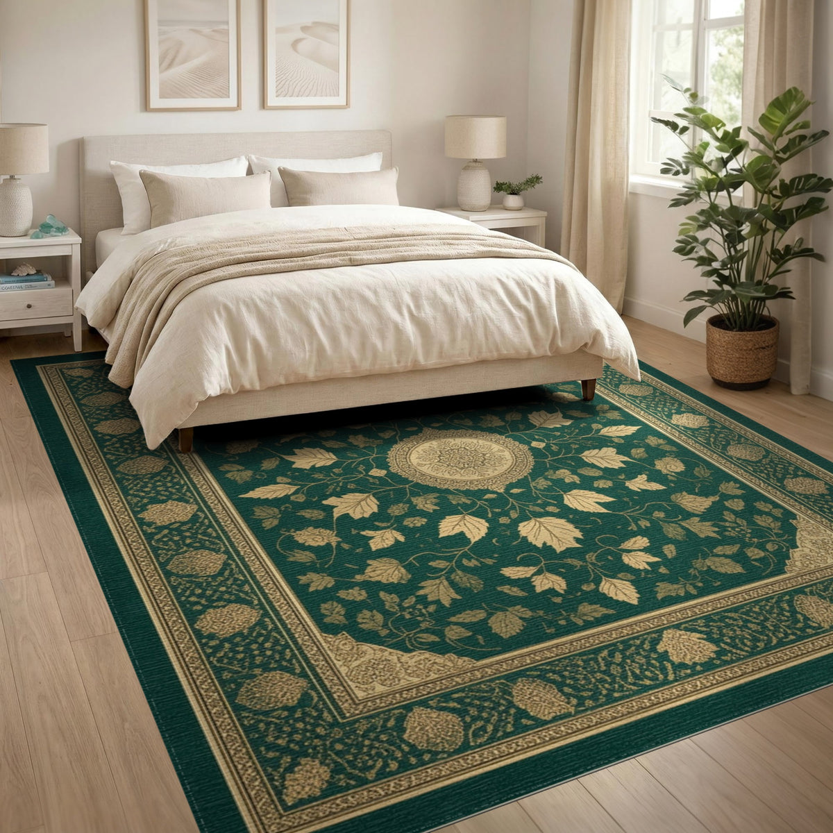 Traditional Persian Green Gold Persian Medallion Area Rug