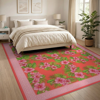 Red Pink Hibiscus Floral Vintage Area Rug