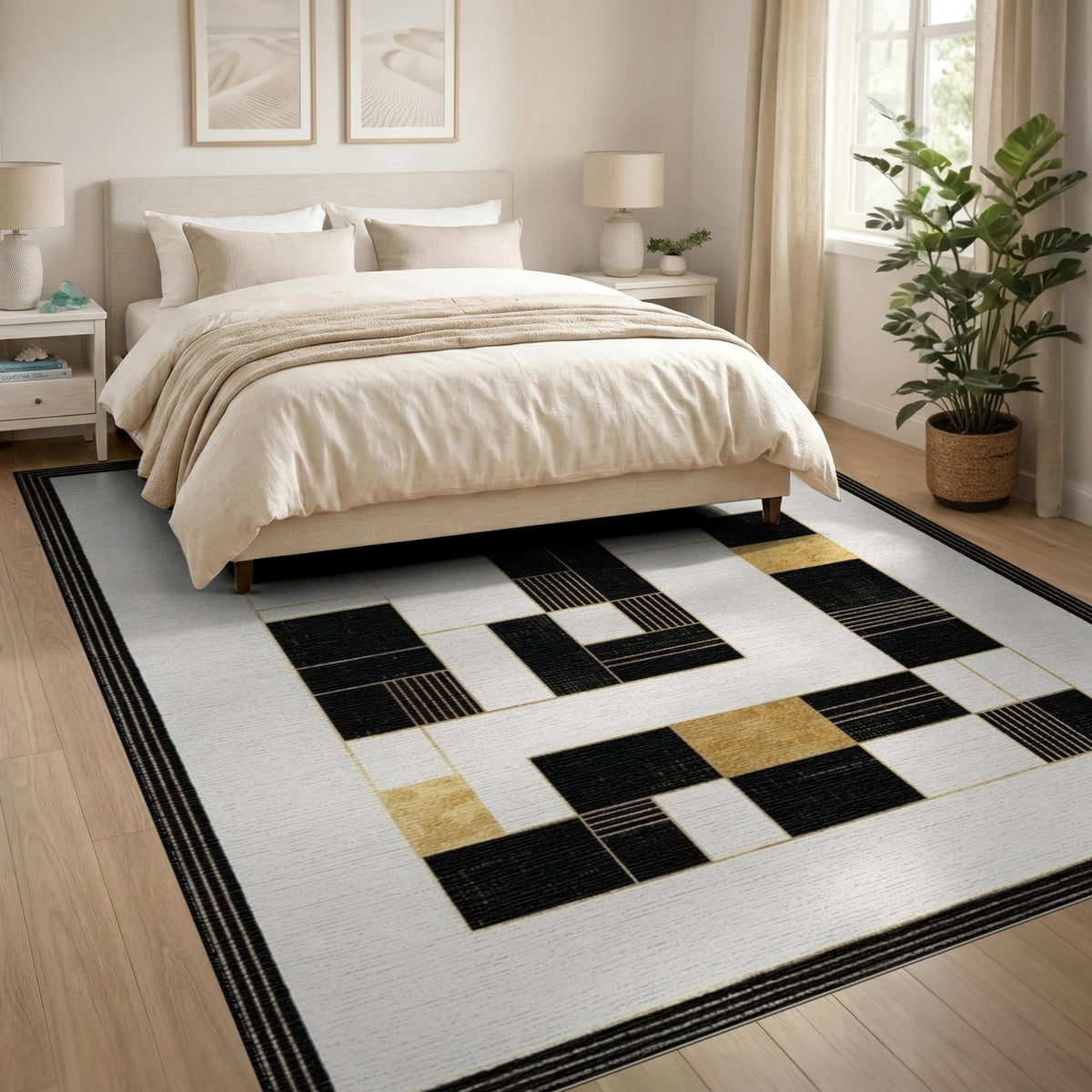 Black and White Black Gold Geometric Modern Area Rug