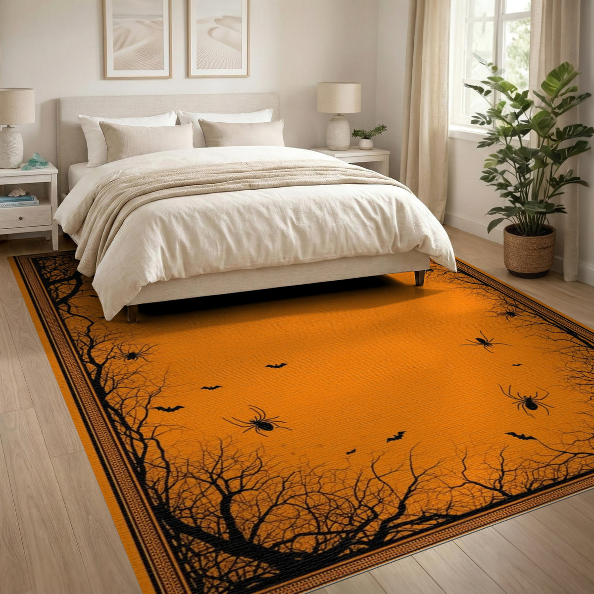 Orange Halloween Spider Bat Washable Area Rug