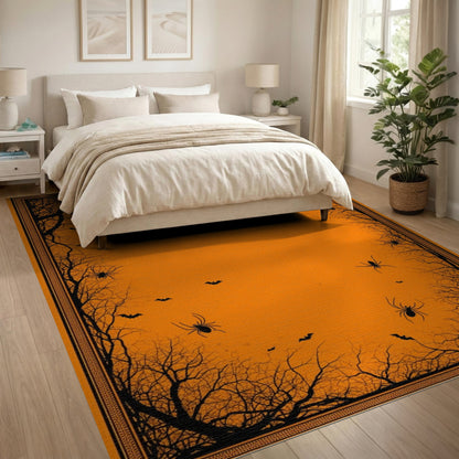 Orange Halloween Spider Bat Washable Area Rug