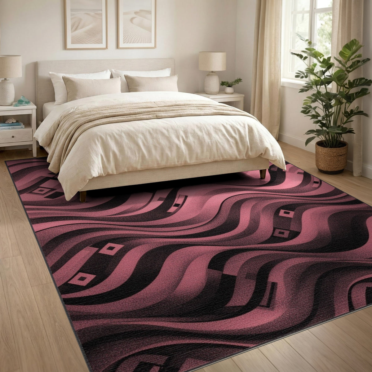 Pink Wavy Geometric Area Rug