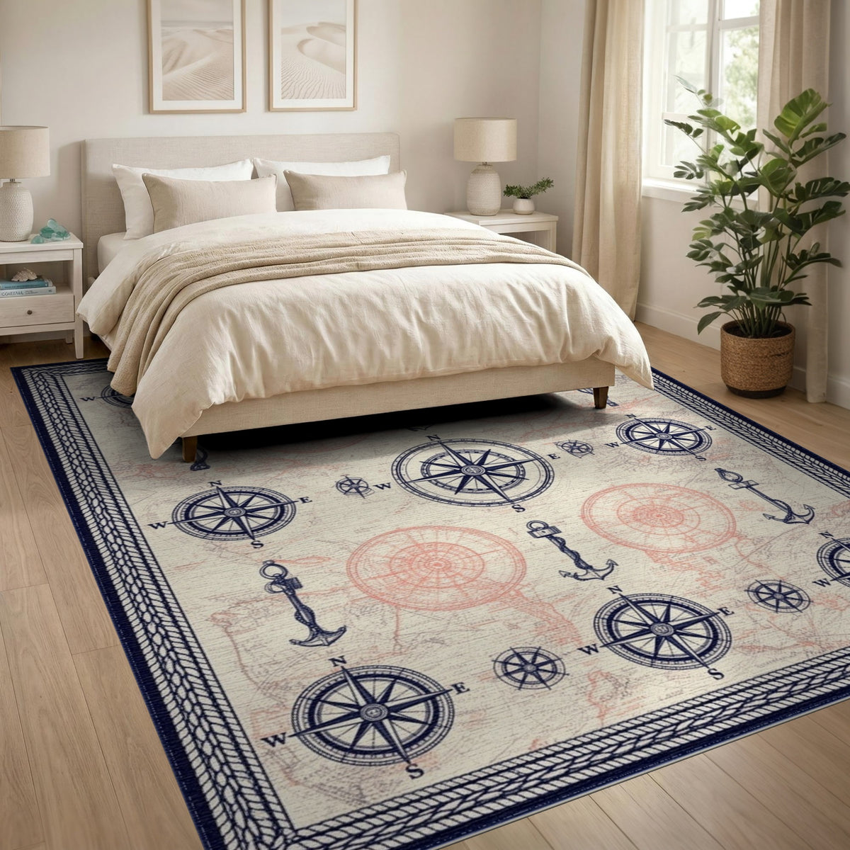 Distressed Vintage Blue and Teal Vintage Nautical Compass Area Rug