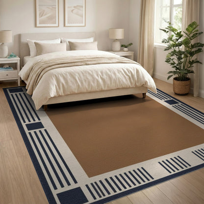 Geometric Brown Navy Border Area Rug