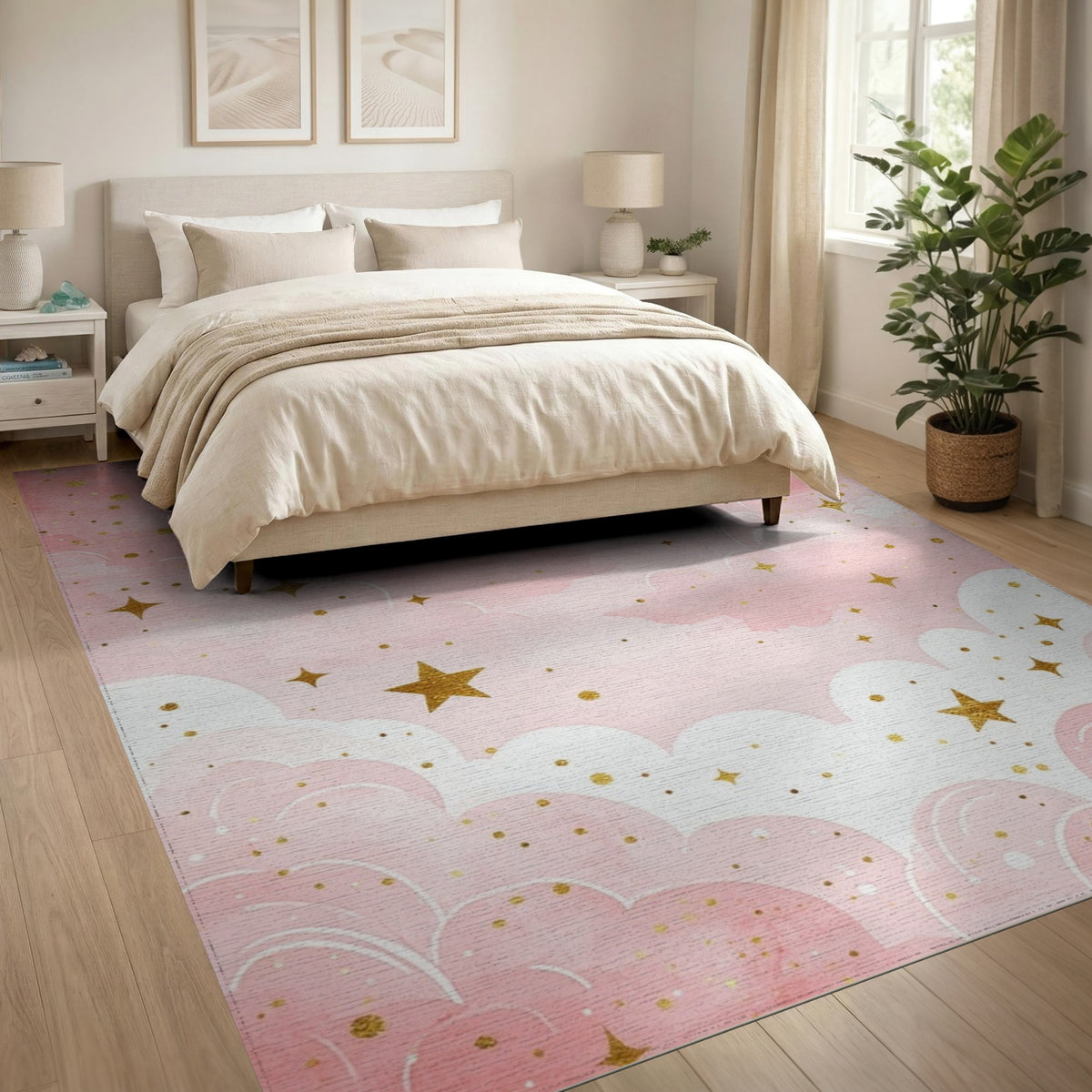 Pink Starry Clouds Kids Washable Area Rug