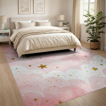 Pink Starry Clouds Kids Washable Area Rug