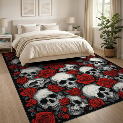 Skull and Red Rose Black Area Rug