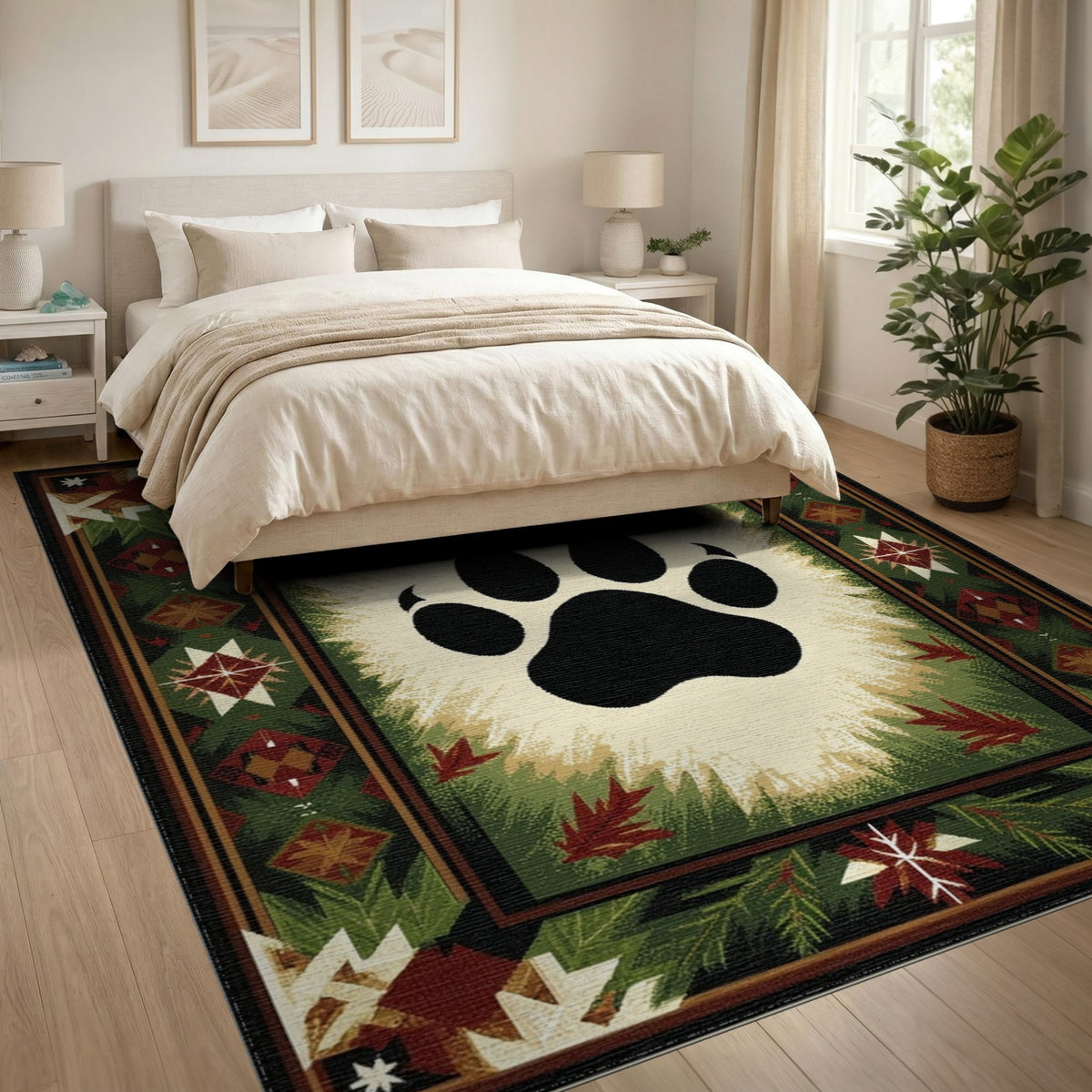 Bear Paw Print Green Rustic Area Rug