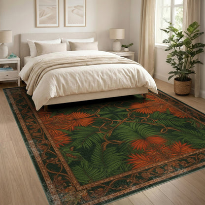 Green Orange Palm Leaf Vintage Area Rug