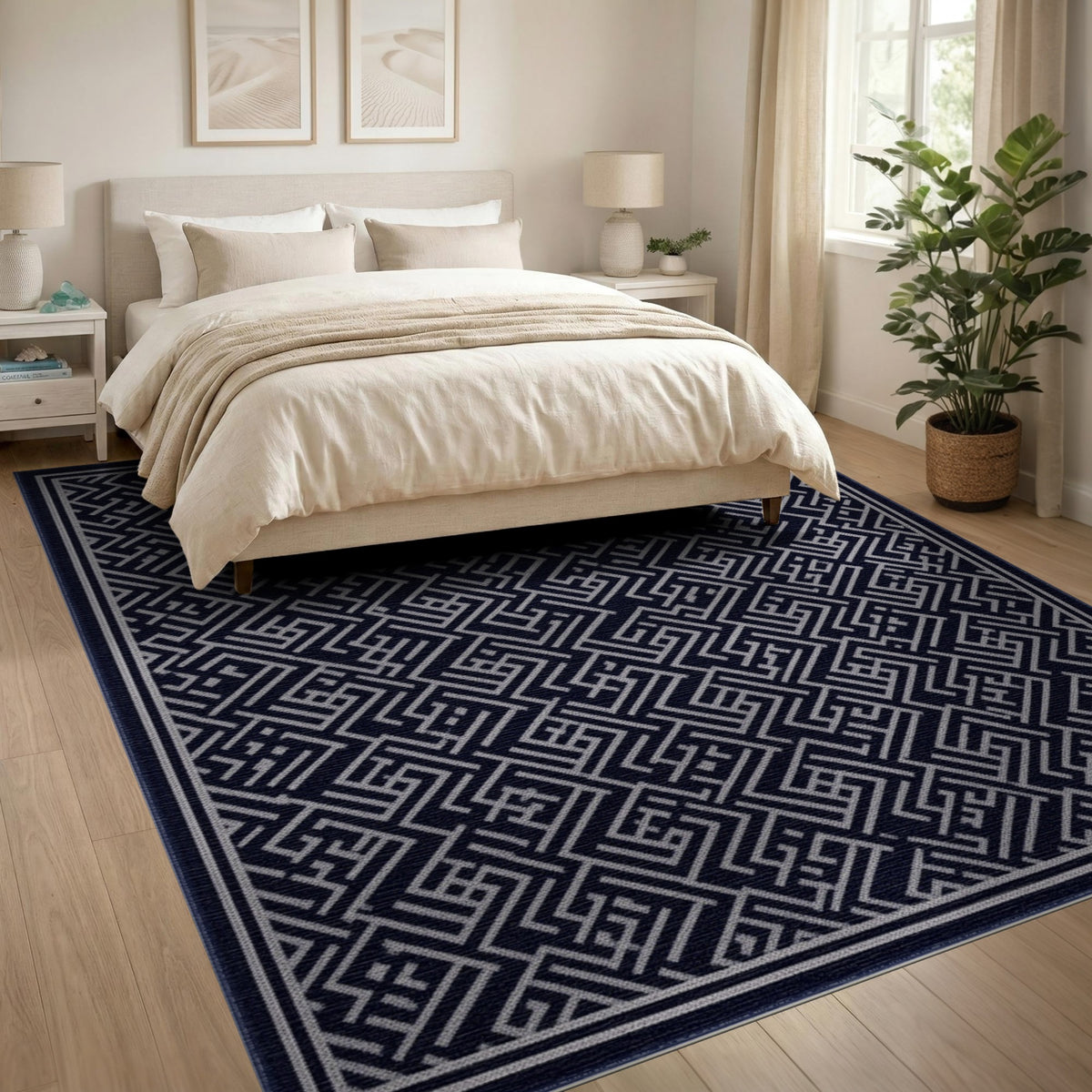Navy Geometric Key Pattern Area Rug