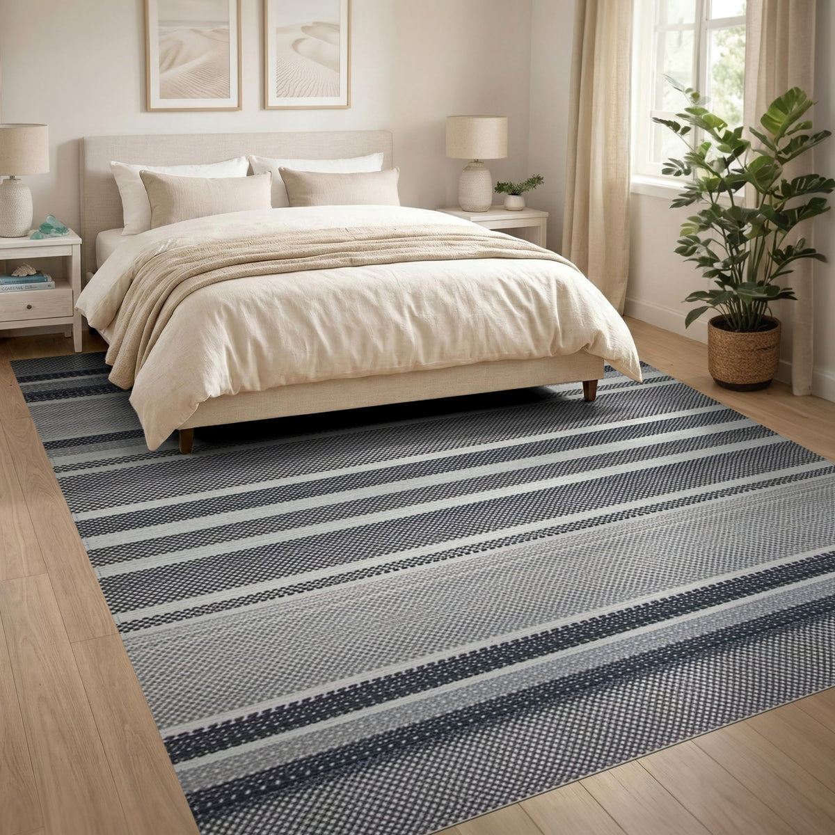Black White Striped Geometric Area Rug