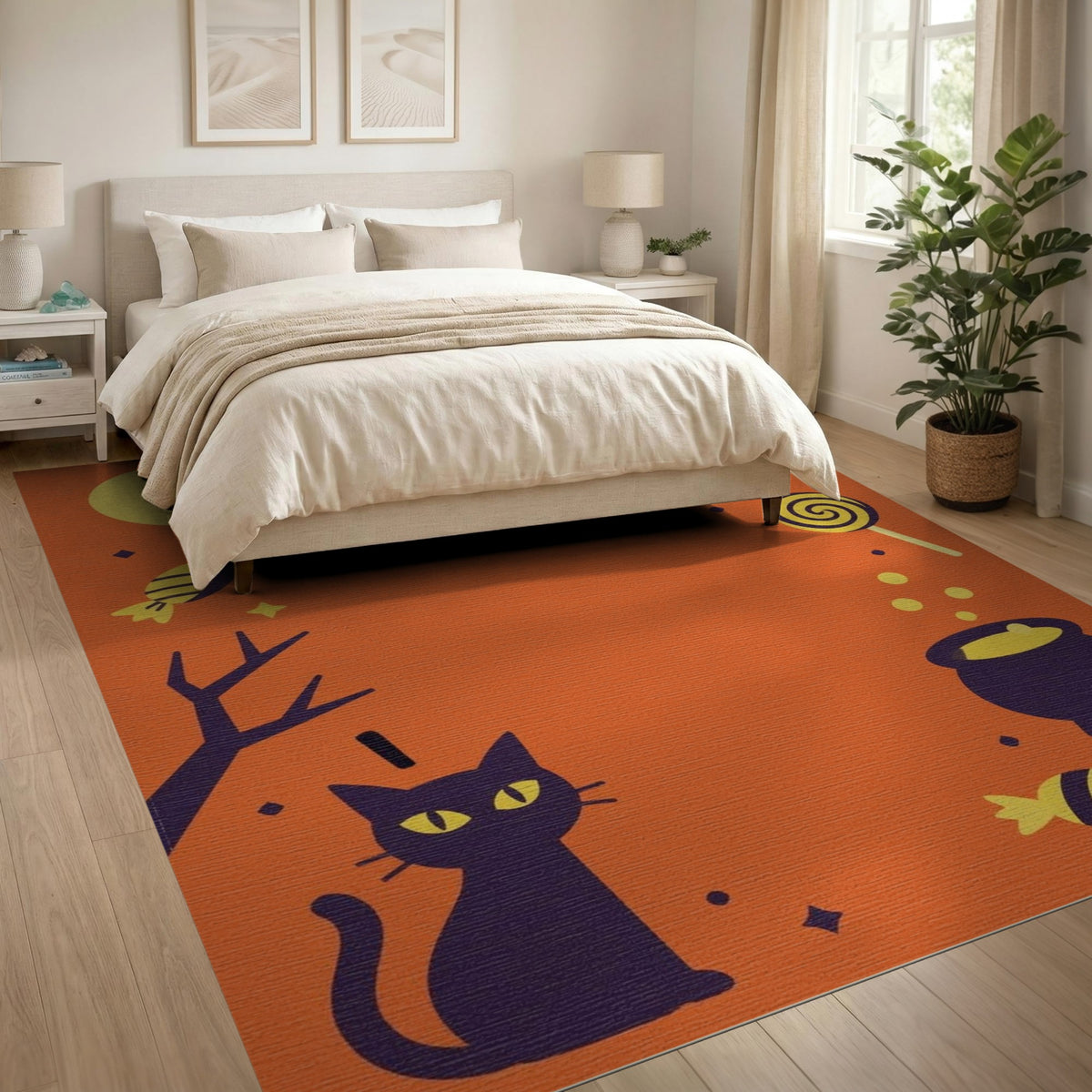 Orange Halloween Cat Bat Kids Cartoon Rug