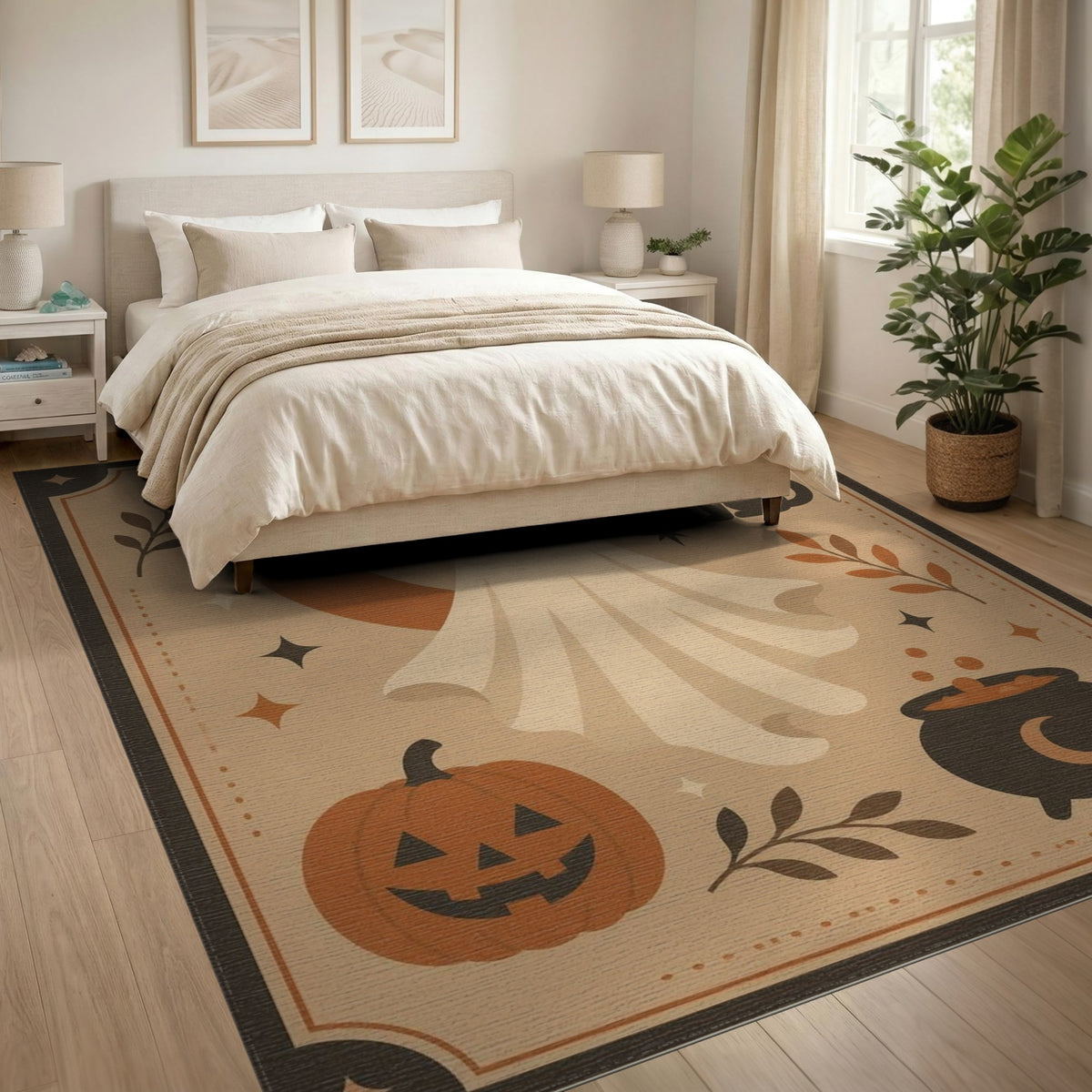 Halloween Ghost Cat Beige Area Rug
