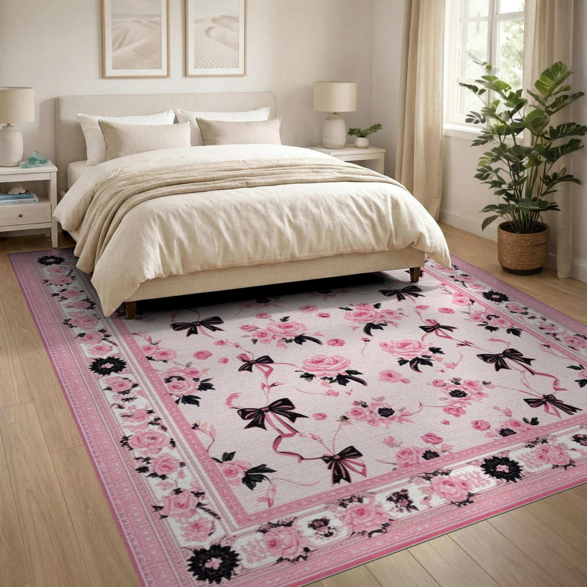 Pink Roses and Bows Floral Area Rug