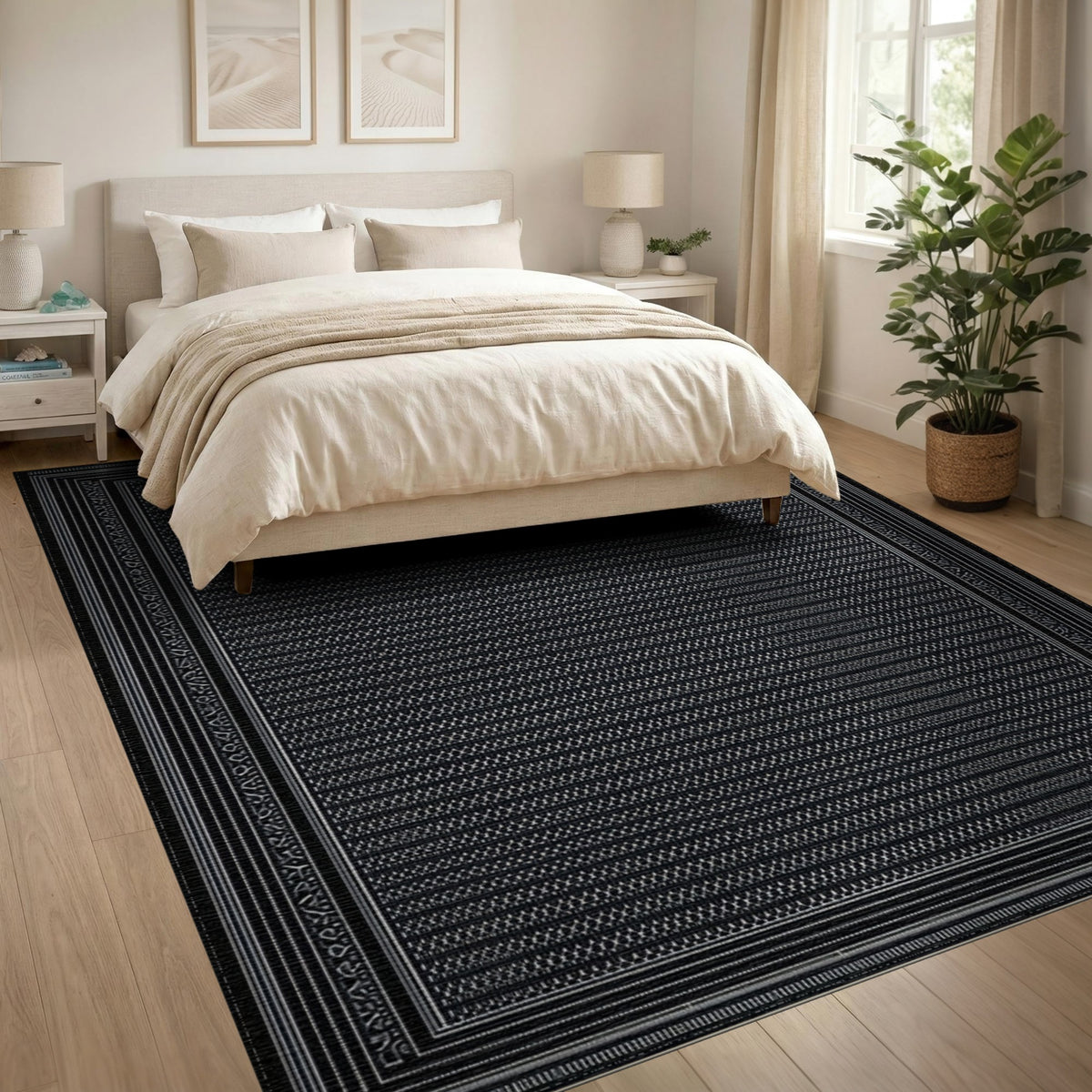 Black White Ornate Border Area Rug
