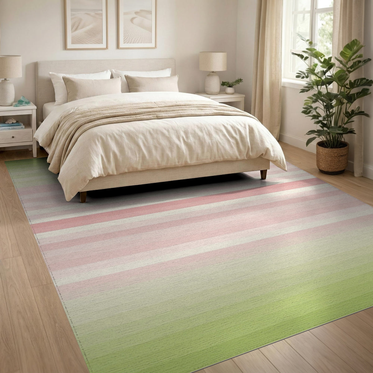 Pastel Pink Green Striped Washable Area Rug