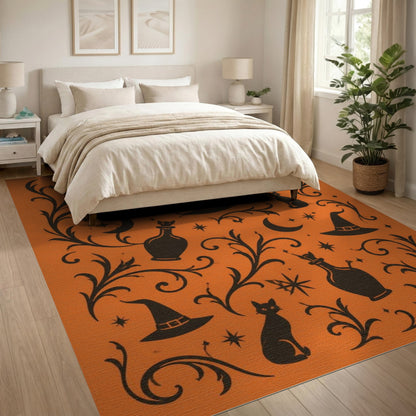 Halloween Black Cat Witch Hat Orange Area Rug