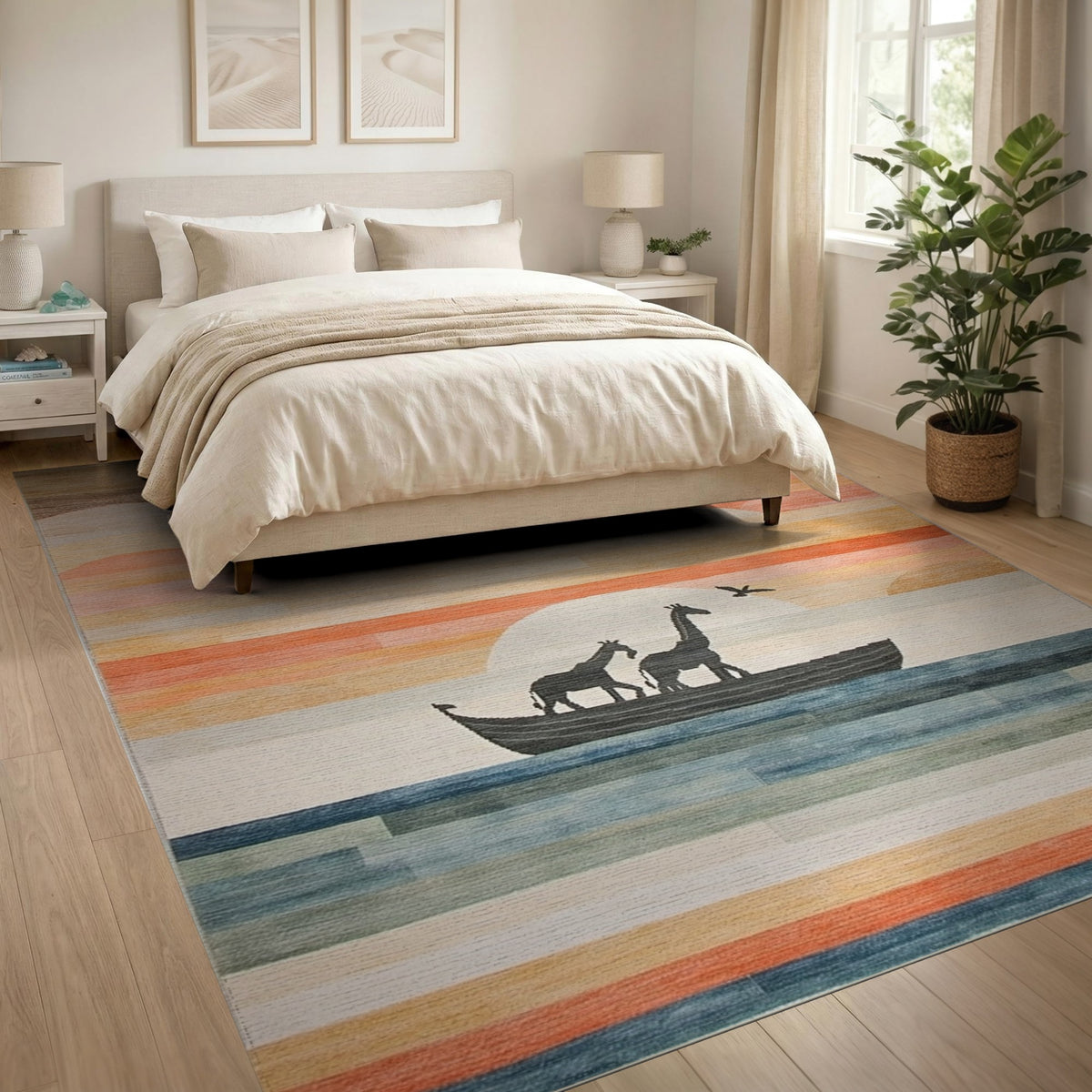 Giraffes Boat Sunset Kids Area Rug