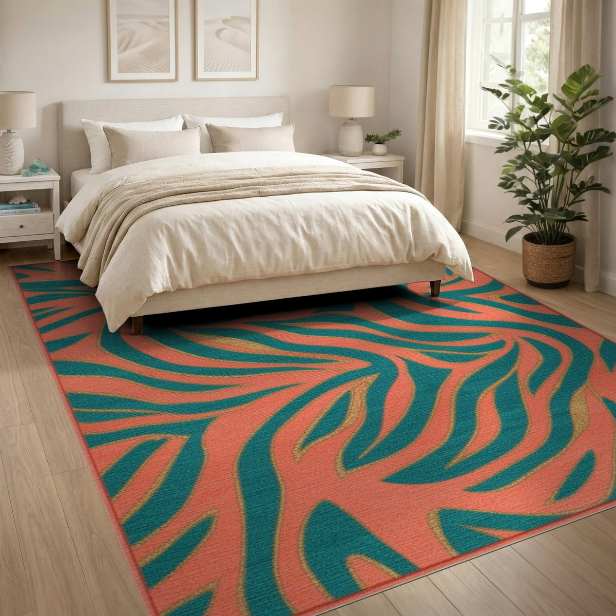 Multi-color and Patterns Coral Teal Abstract Swirl Area Rug