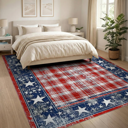 Distressed Patriotic Plaid Area Rug