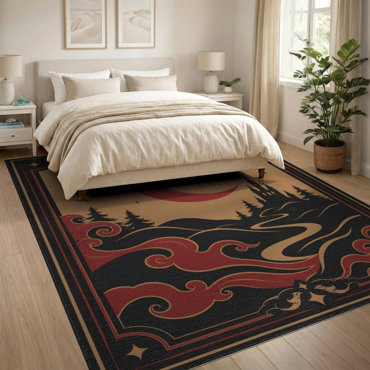 Red Crescent Moon Castle Area Rug