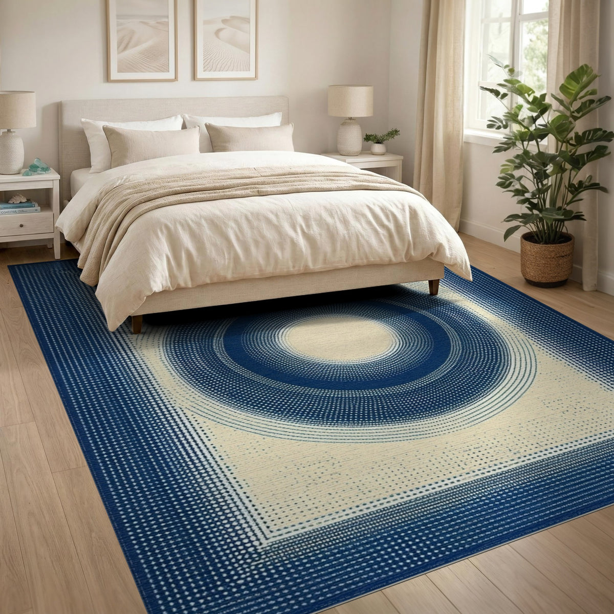Blue Concentric Circles Geometric Rug
