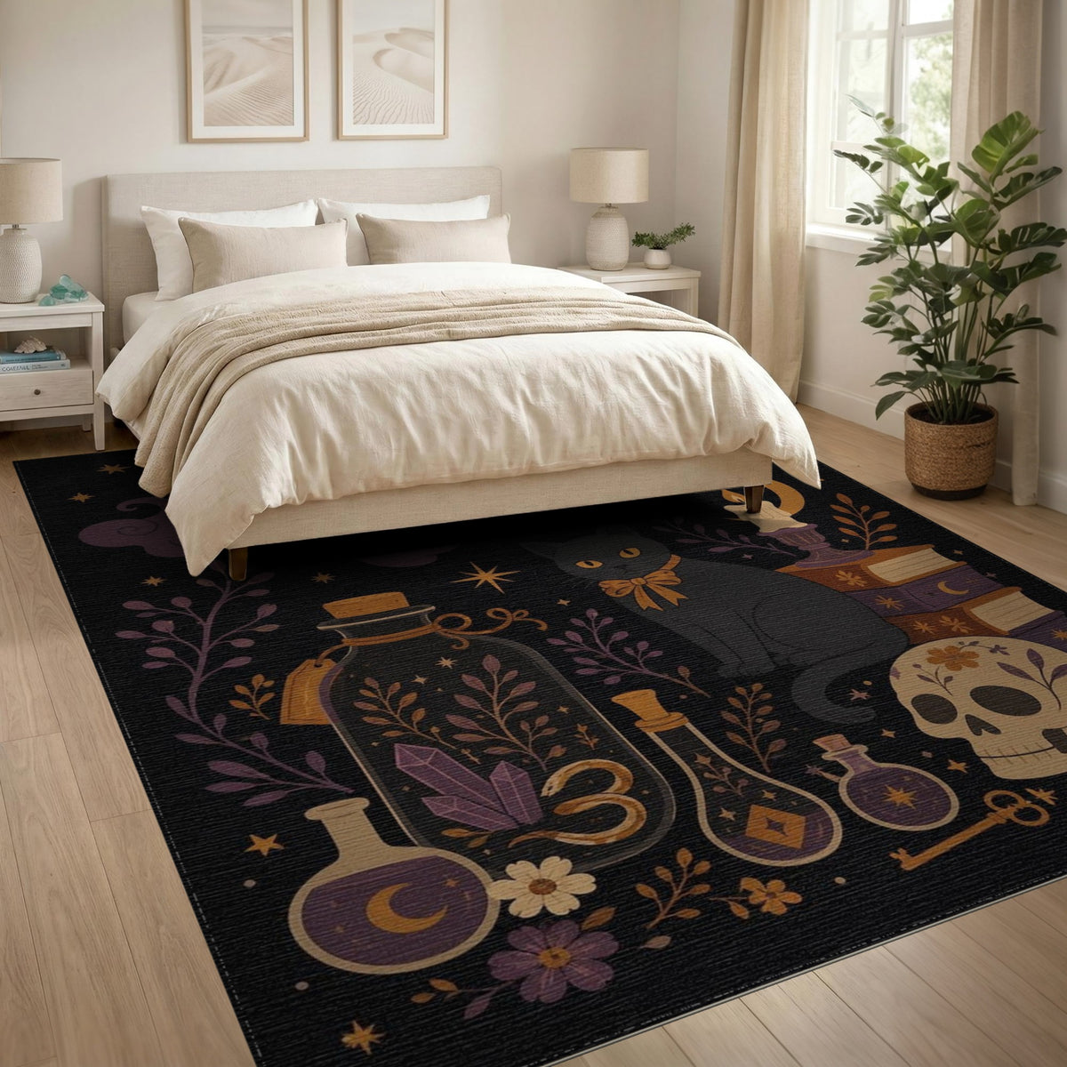 Mystic Black Cat Skull Washable Area Rug
