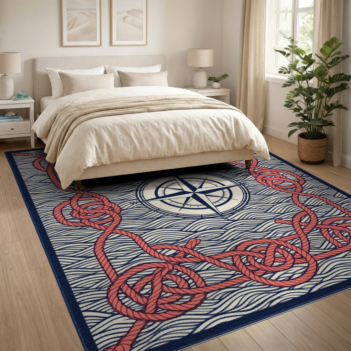 Red Rope Compass Nautical Area Rug