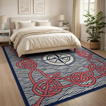 Red Rope Compass Nautical Area Rug