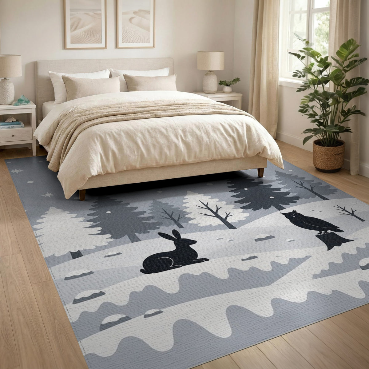 Black White Winter Owl Rabbit Area Rug