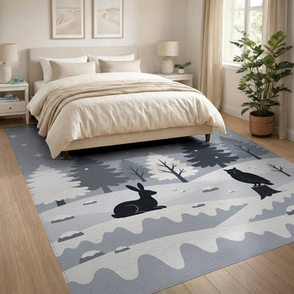 Black White Winter Owl Rabbit Area Rug