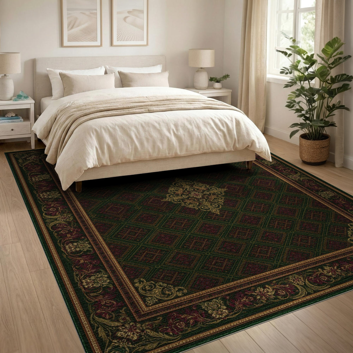 Dark Green Persian Rug with Gold Medallion Border
