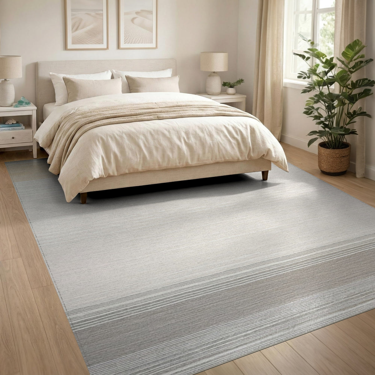 Beige Striped Washable Area Rug